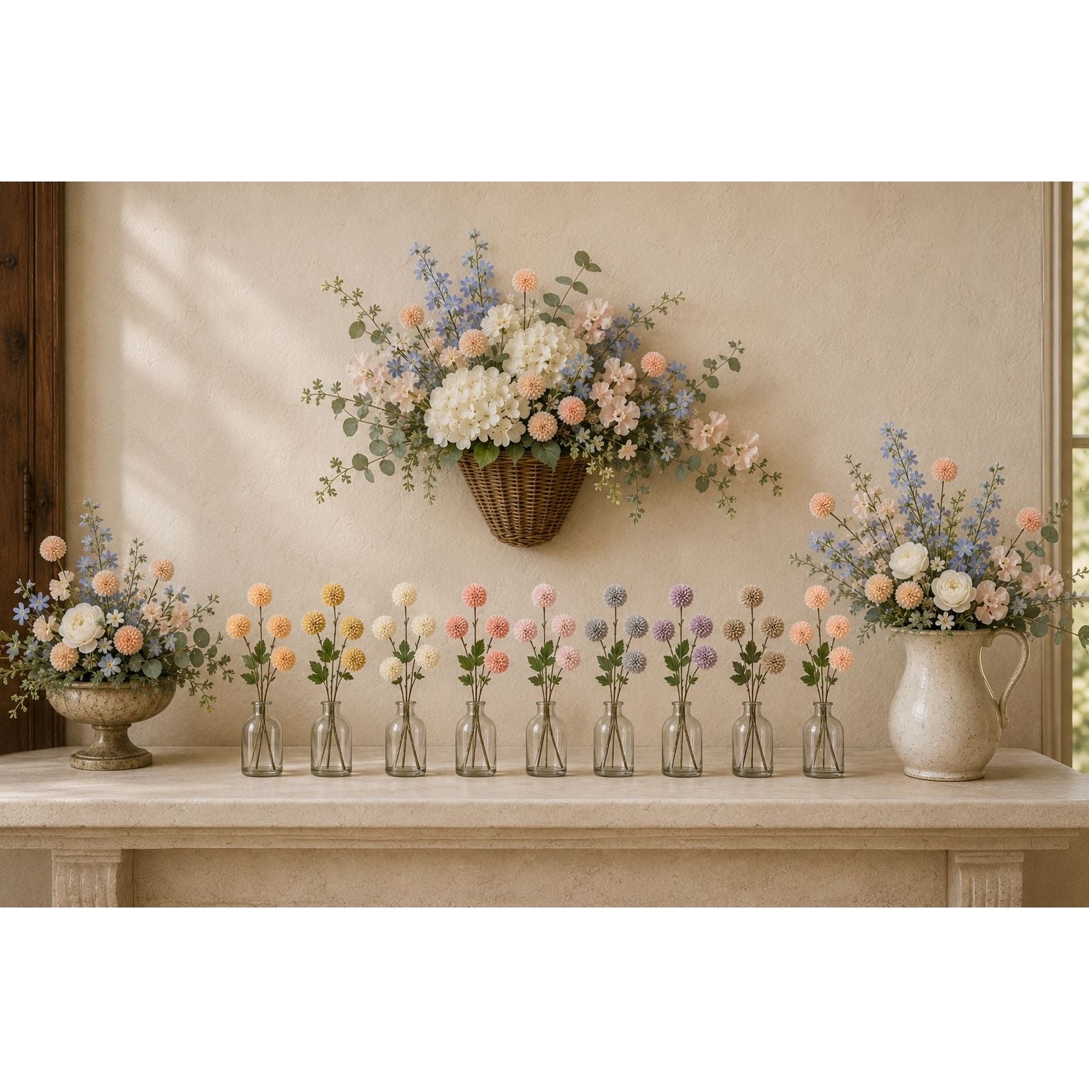 Soft Nude Blush Pom Pom Chrysanthemum Stems Set of 2, 20 Inch Artificial Silk Flowers