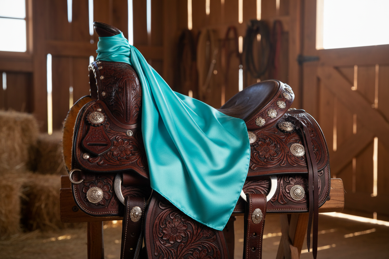 Aqua blue wild rag 35x35 draped over western saddle with tack