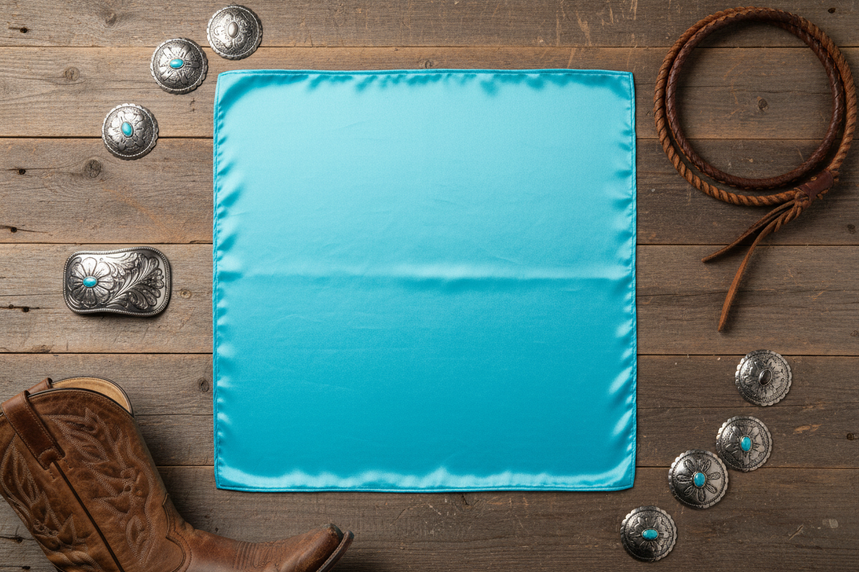 Aqua blue wild rag 35x35 laid flat in square shape with western accessories