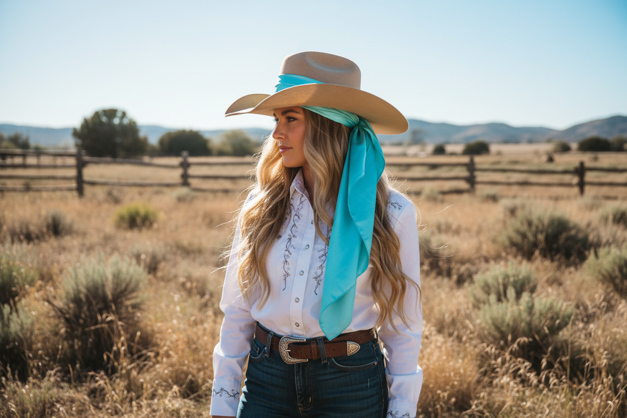 Aqua blue wild rag 35x35 scarf styled as hair wrap on cowgirl