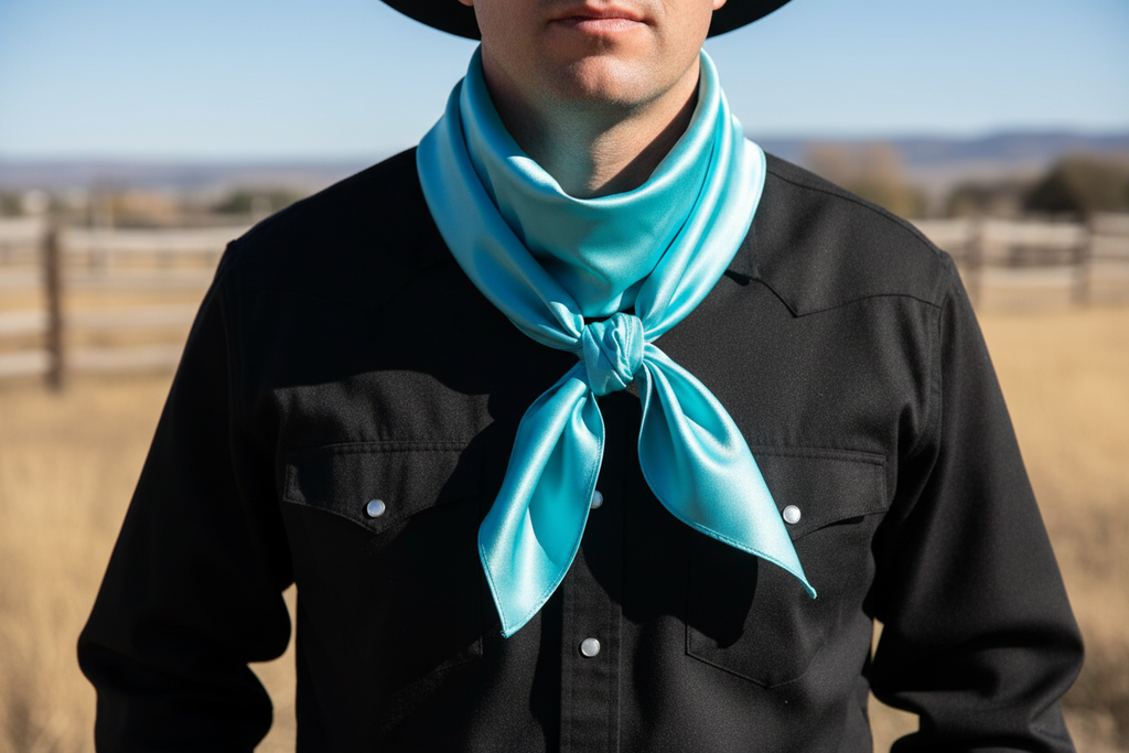 Aqua blue wild rag 35x35 scarf tied in front with visible knot on cowboy