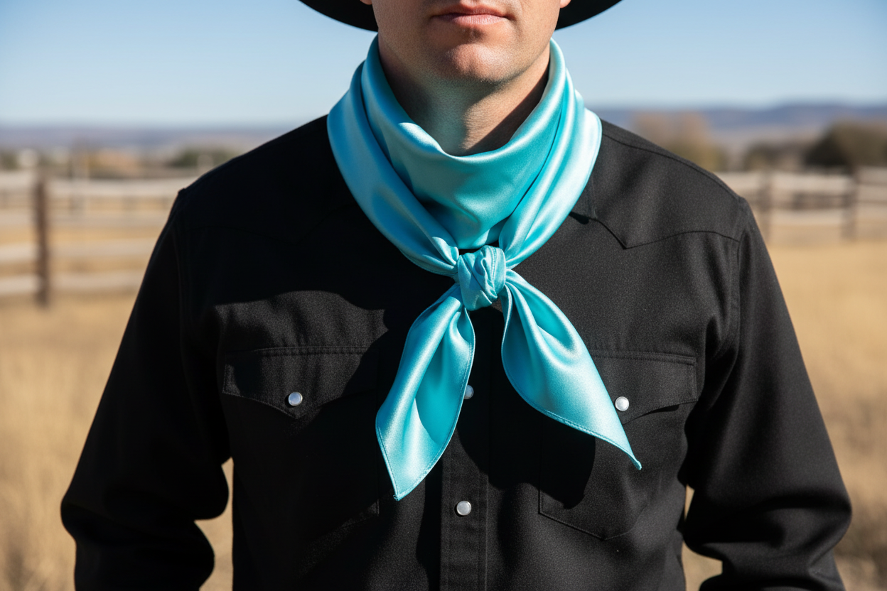 Aqua blue wild rag 35x35 scarf tied in front with visible knot on cowboy