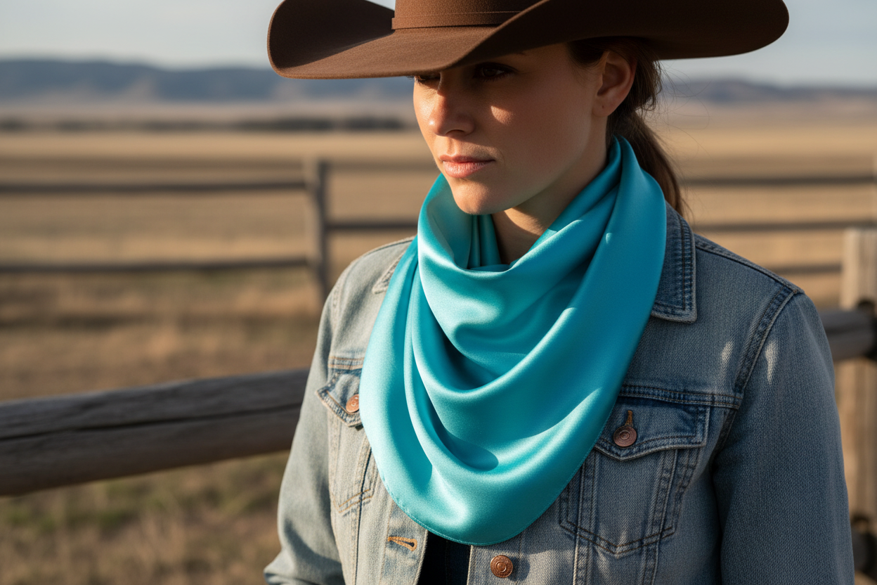 Aqua blue wild rag 35x35 scarf wrapped around cowgirl's neck