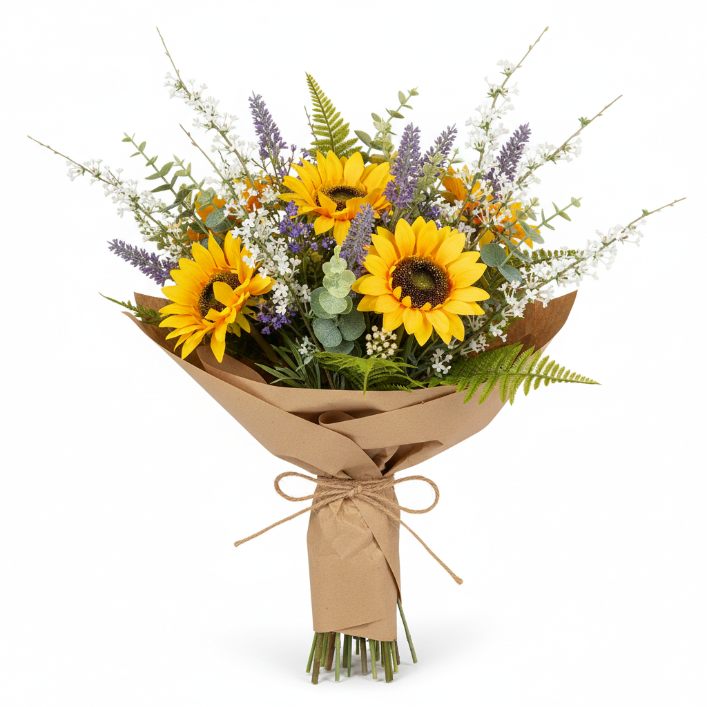 Artificial white blossom branch stems as filler in wildflower bouquet flat lay