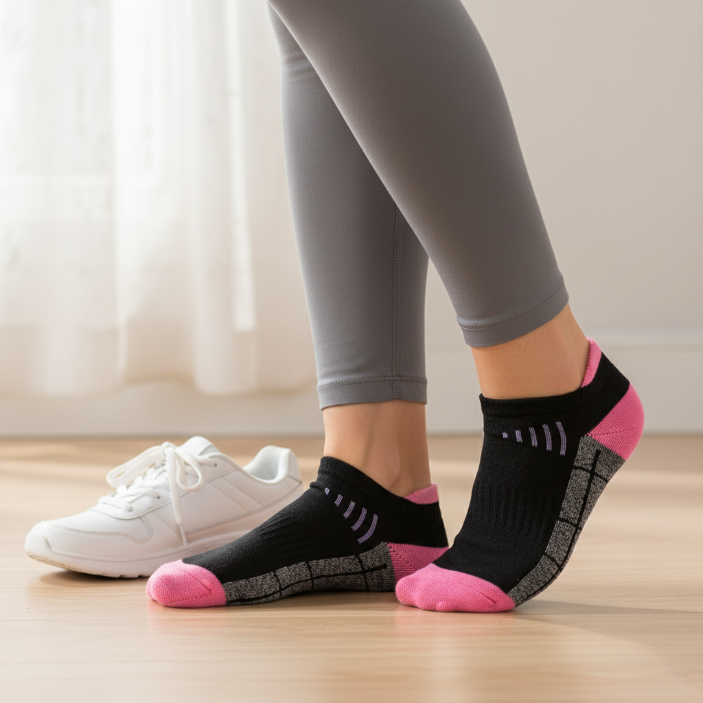 Athletic socks worn in a bright lifestyle setting