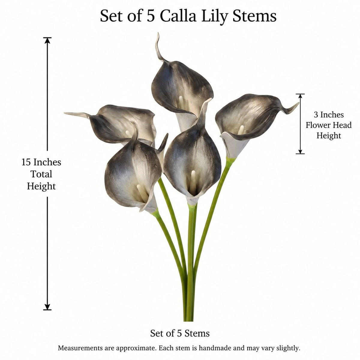 Black Gray White Artificial Calla Lily Stems, Set of 5, 15 Inch