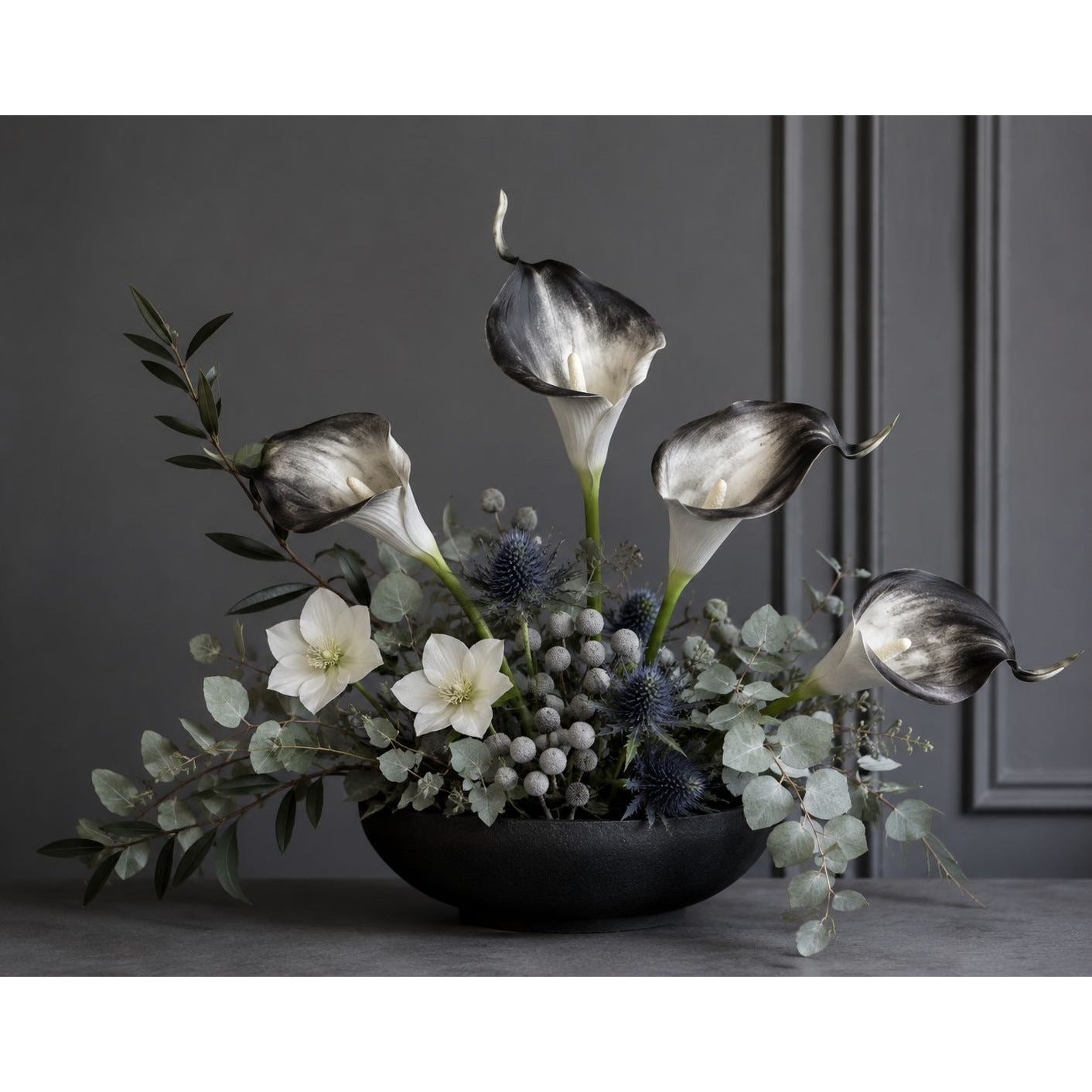 Black Gray White Artificial Calla Lily Stems, Set of 5, 15 Inch