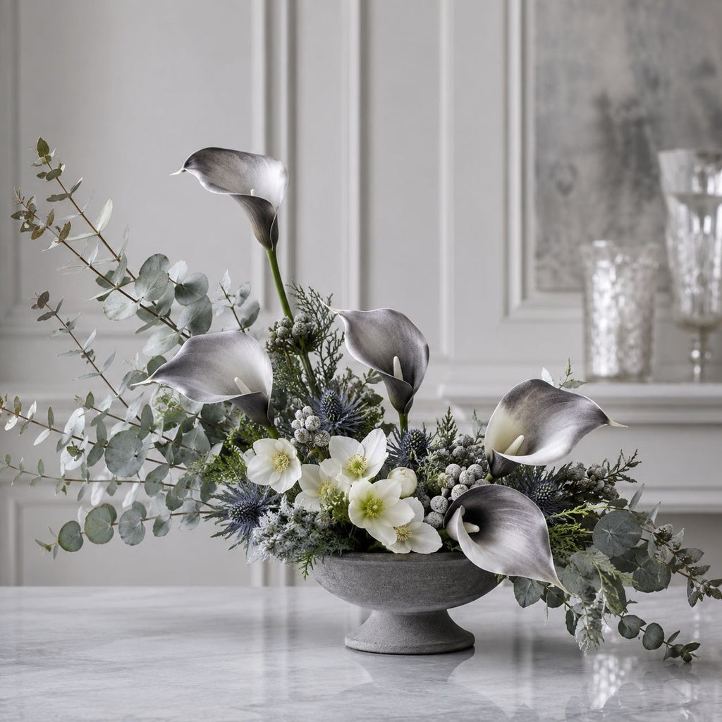 Black Gray White Artificial Calla Lily Stems, Set of 5, 15 Inch