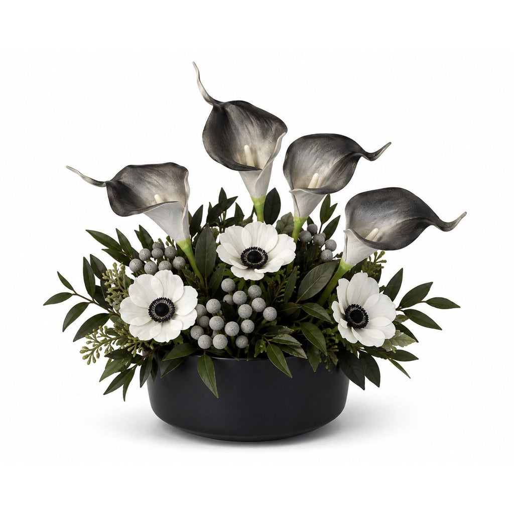 Black Gray White Artificial Calla Lily Stems, Set of 5, 15 Inch