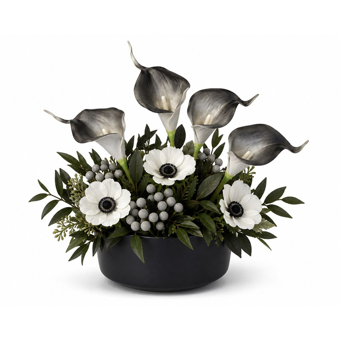 Black Gray White Artificial Calla Lily Stems, Set of 5, 15 Inch