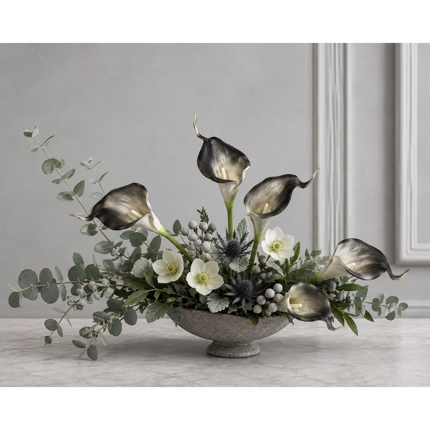 Black Gray White Artificial Calla Lily Stems, Set of 5, 15 Inch