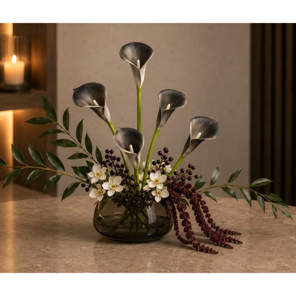 Black Gray White Artificial Calla Lily Stems, Set of 5, 15 Inch