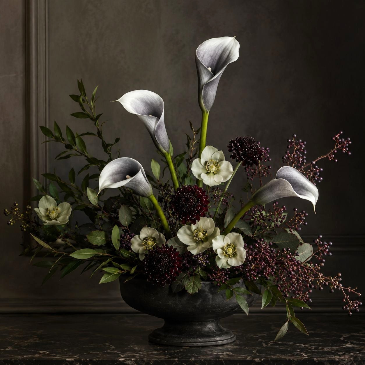 Black Gray White Artificial Calla Lily Stems, Set of 5, 15 Inch