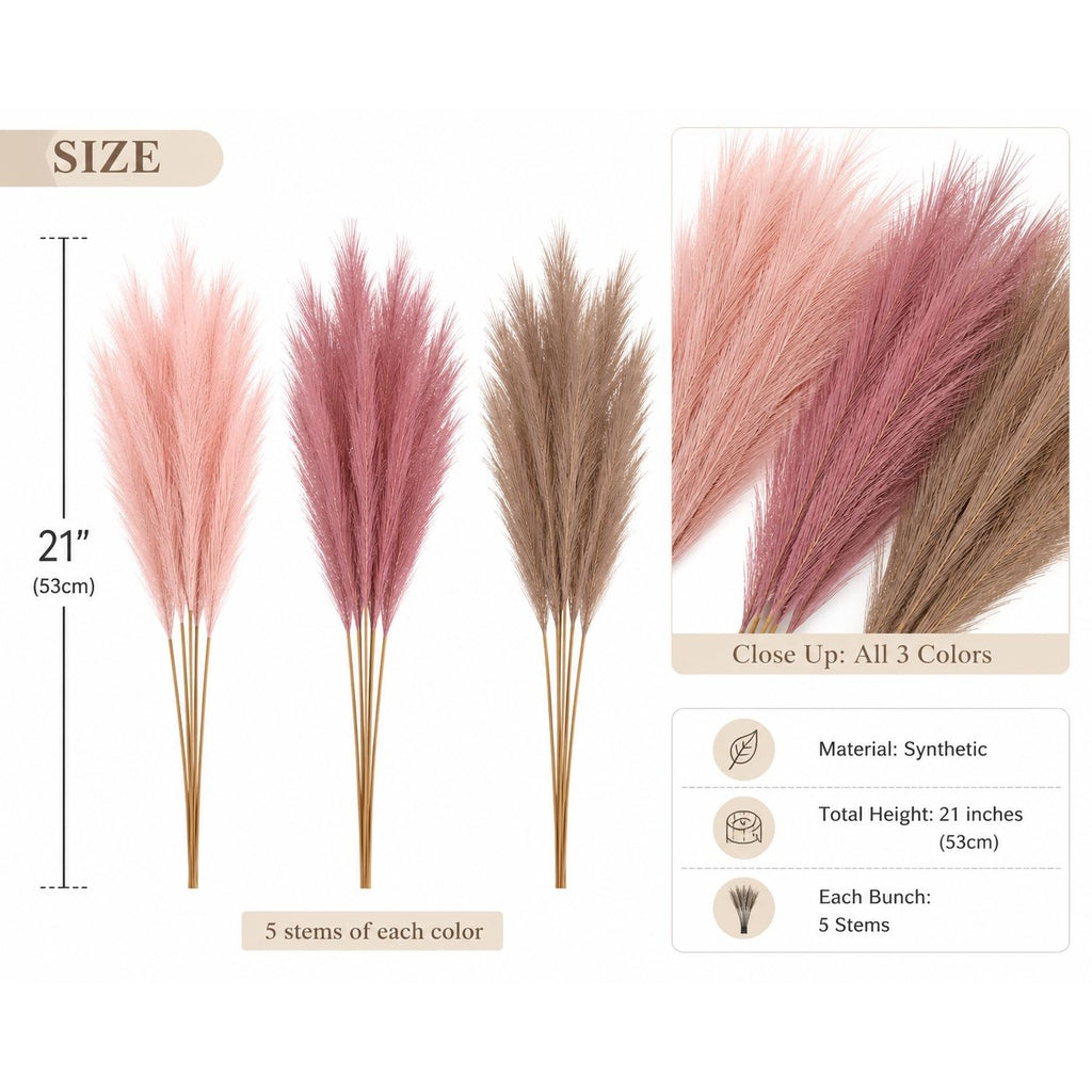 Three bundles of dried grasses in pink, purple, and brown with measurements and material information.