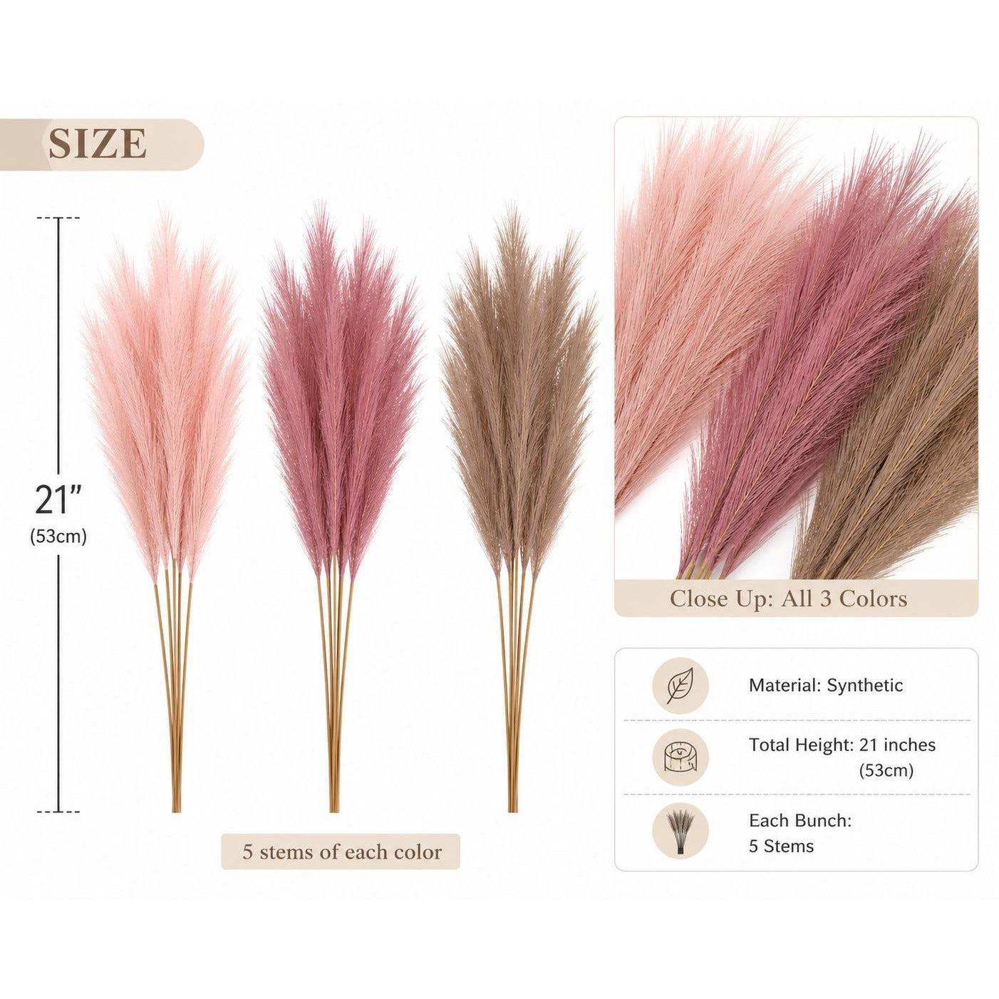 Three bundles of dried grasses in pink, purple, and brown with measurements and material information.