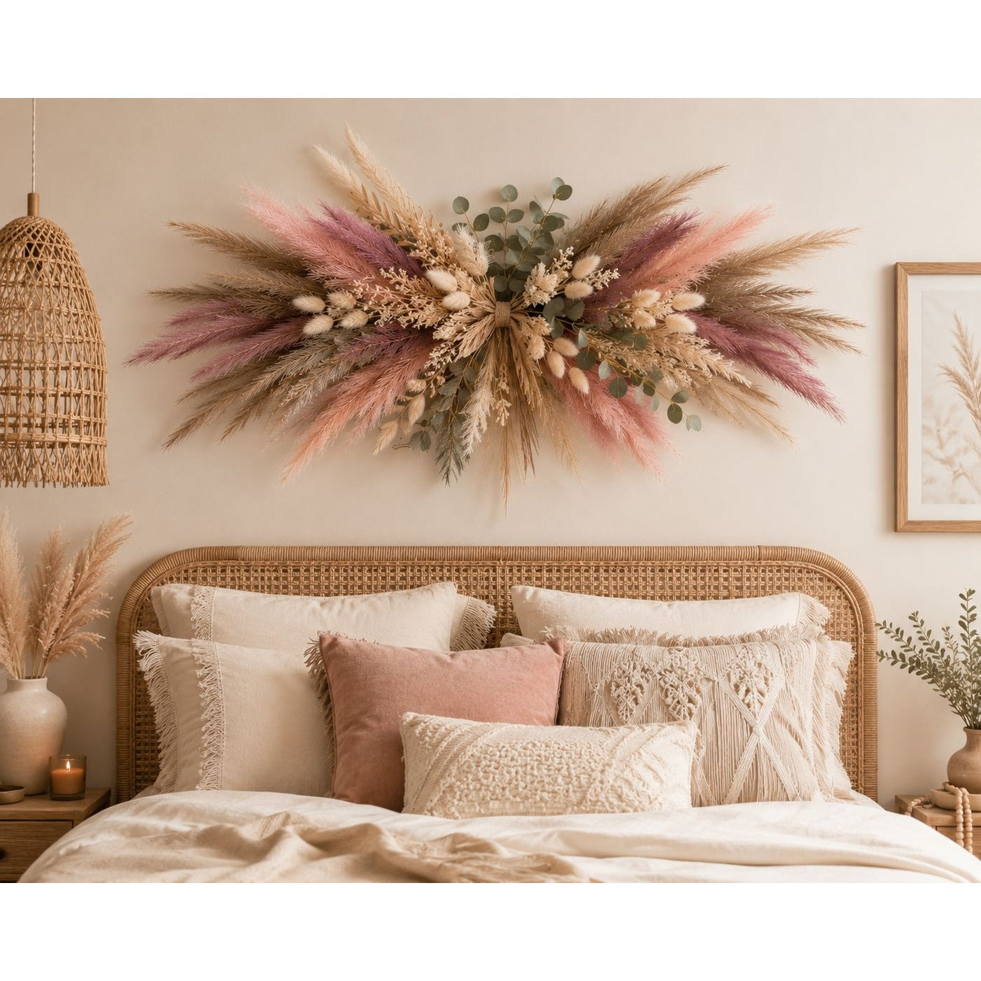 Decorative wall arrangement with dried flowers and plants above a bed in a bedroom.