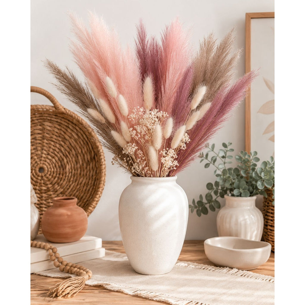 Decorative arrangement of dried pink and brown grasses in a white vase on a table with a wicker basket and books in the background.