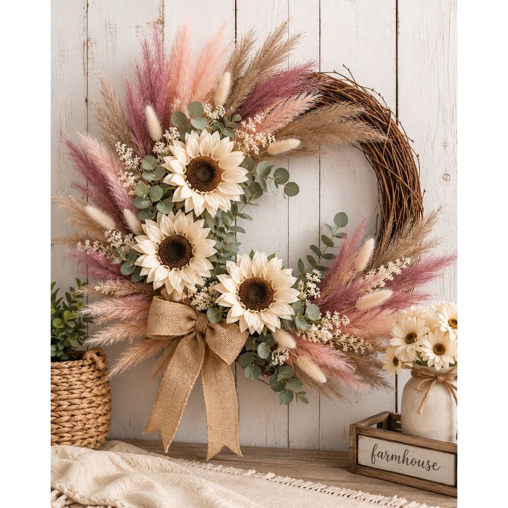 Decorative wreath with sunflowers, pampas grass, and eucalyptus on a wooden surface.