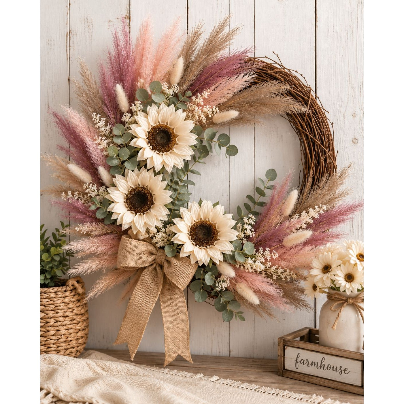 Decorative wreath with sunflowers, pampas grass, and eucalyptus on a wooden surface.