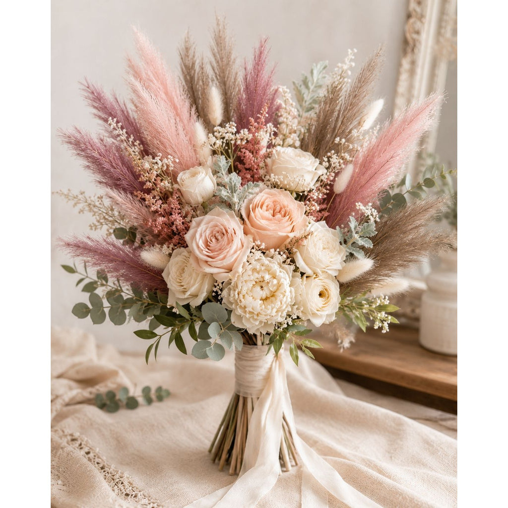 Bouquet of flowers with pink and white tones on a neutral background