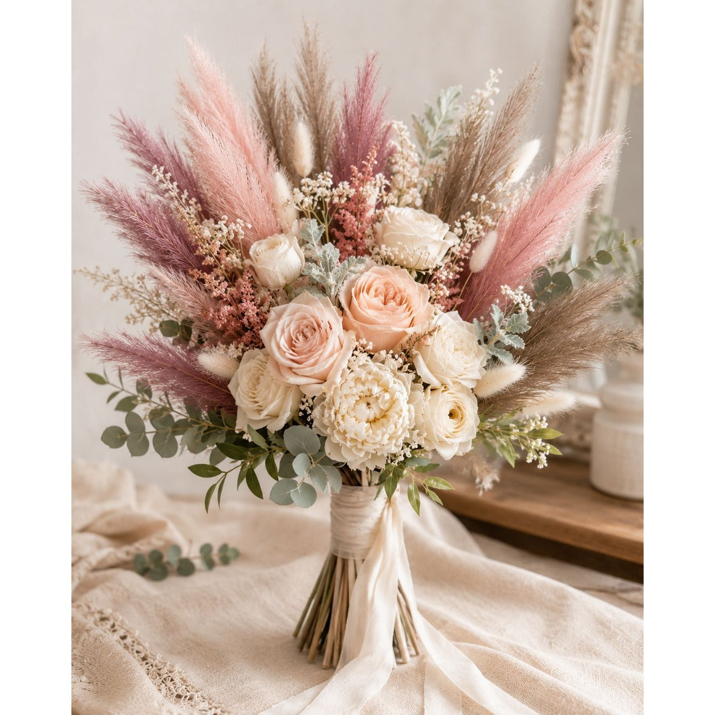 Bouquet of flowers with pink and white tones on a neutral background