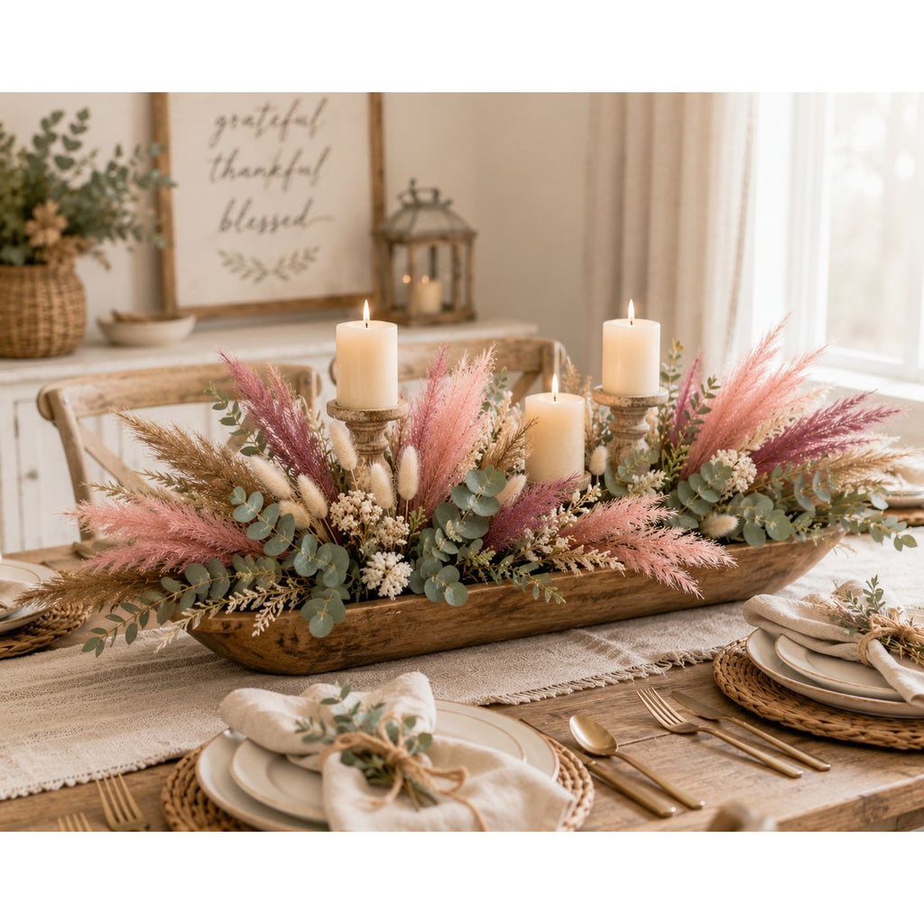 Decorative table setting with a centerpiece of pink and green foliage, candles, and plates.