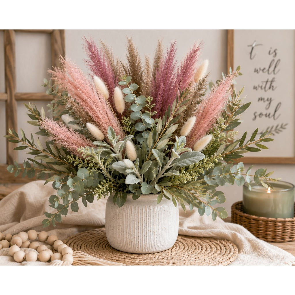 Decorative flower arrangement in a white vase on a table with a candle and beads in the background.