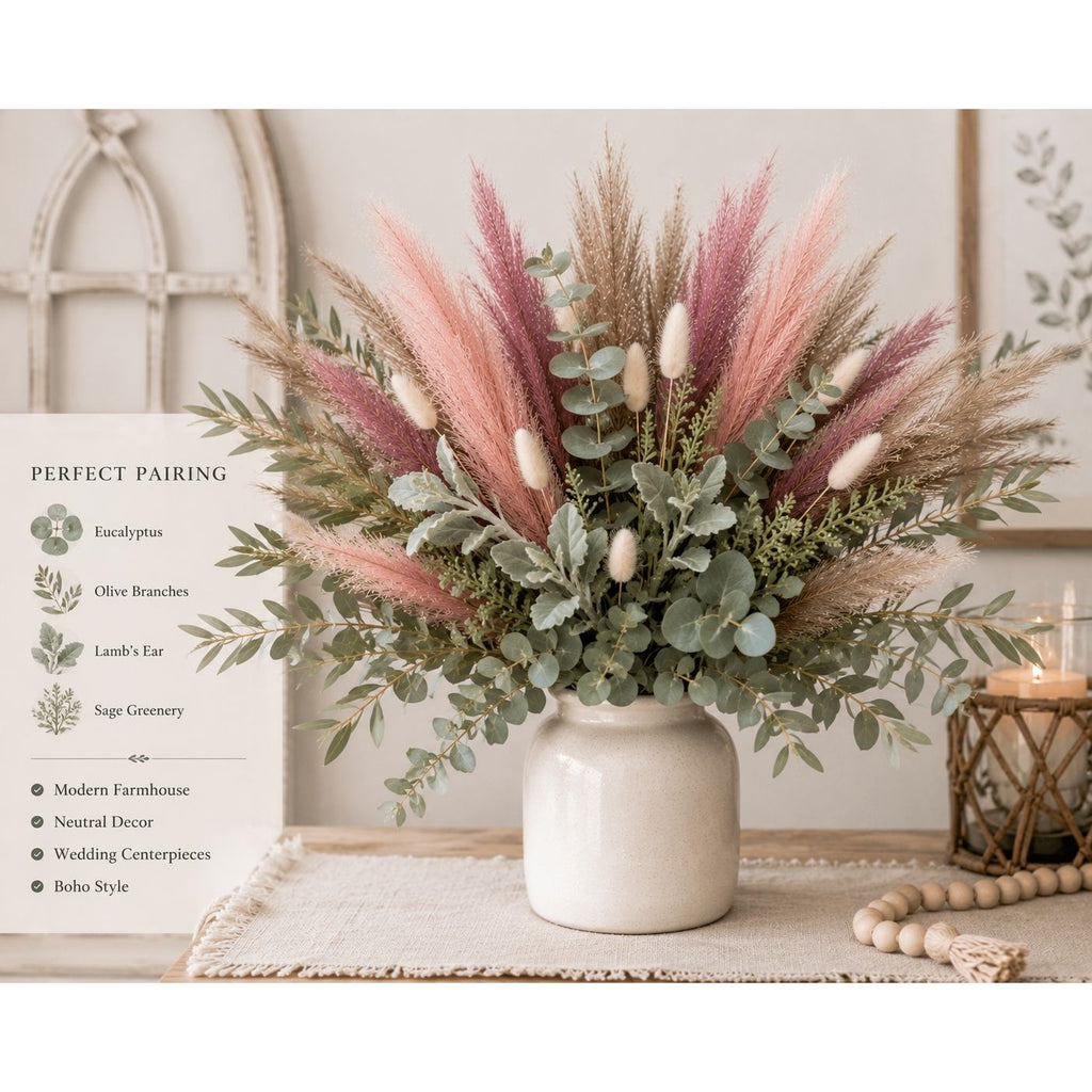 Dusty Pink Pampas Grass Decor Set of 15 Faux Pampas Stems Blush Mauve Taupe Pampas Grass Boho Wedding Decor Farmhouse Vase Filler
