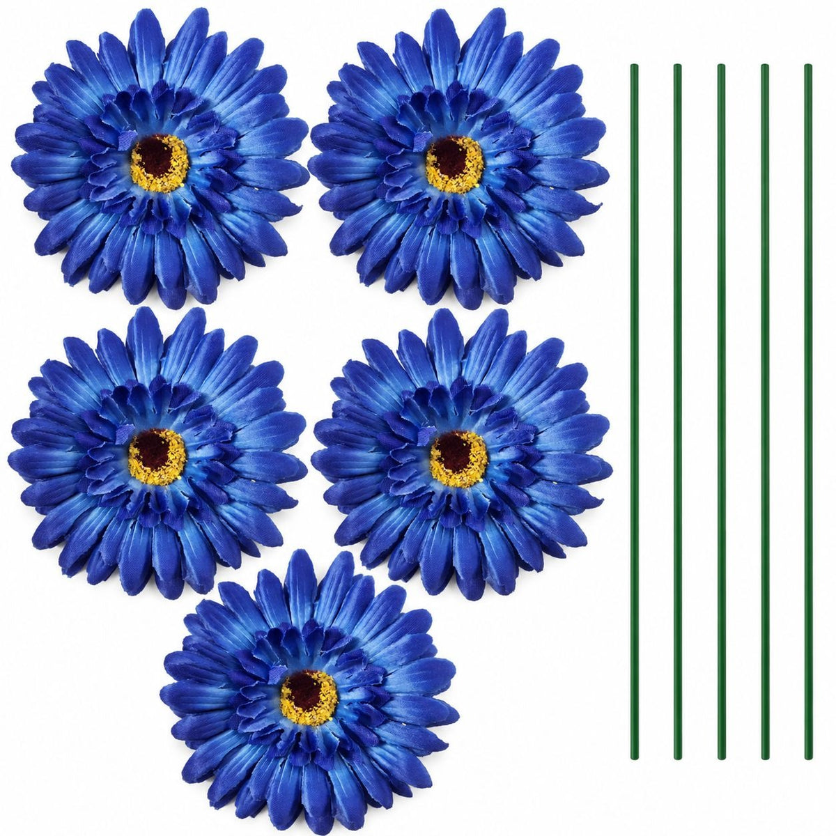 5 Cobalt Blue Artificial Gerbera Daisy Heads, 4 Inch, with Separate Stems