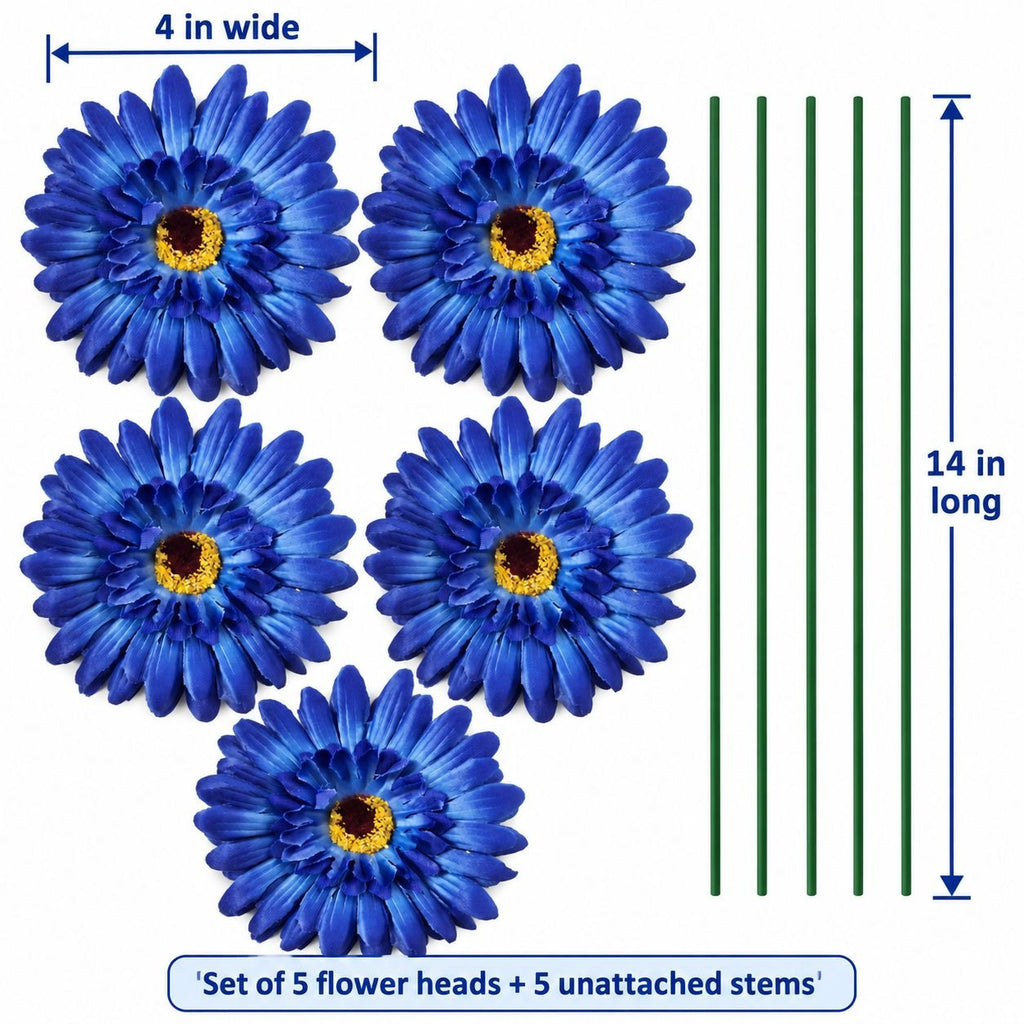 5 Cobalt Blue Artificial Gerbera Daisy Heads, 4 Inch, with Separate Stems