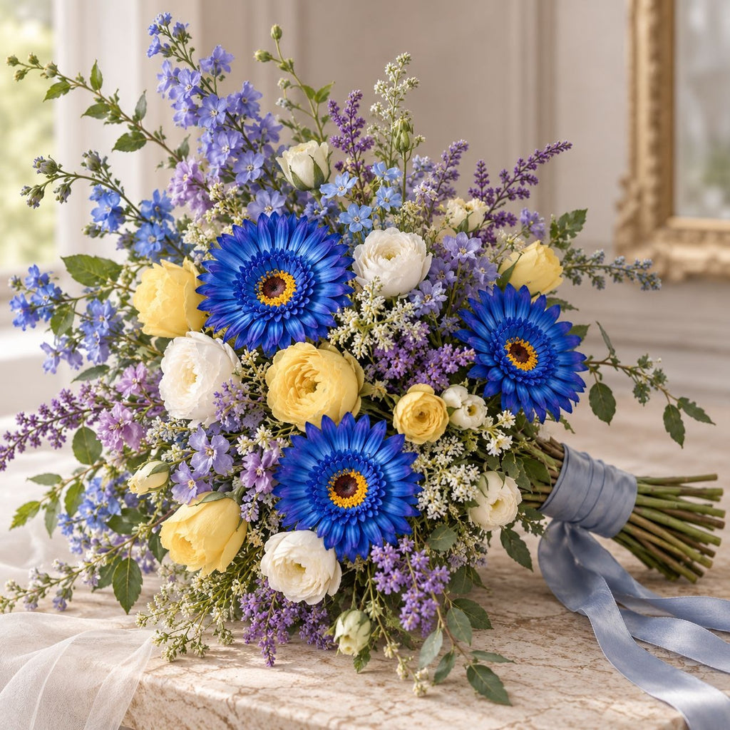 5 Cobalt Blue Artificial Gerbera Daisy Heads, 4 Inch, with Separate Stems