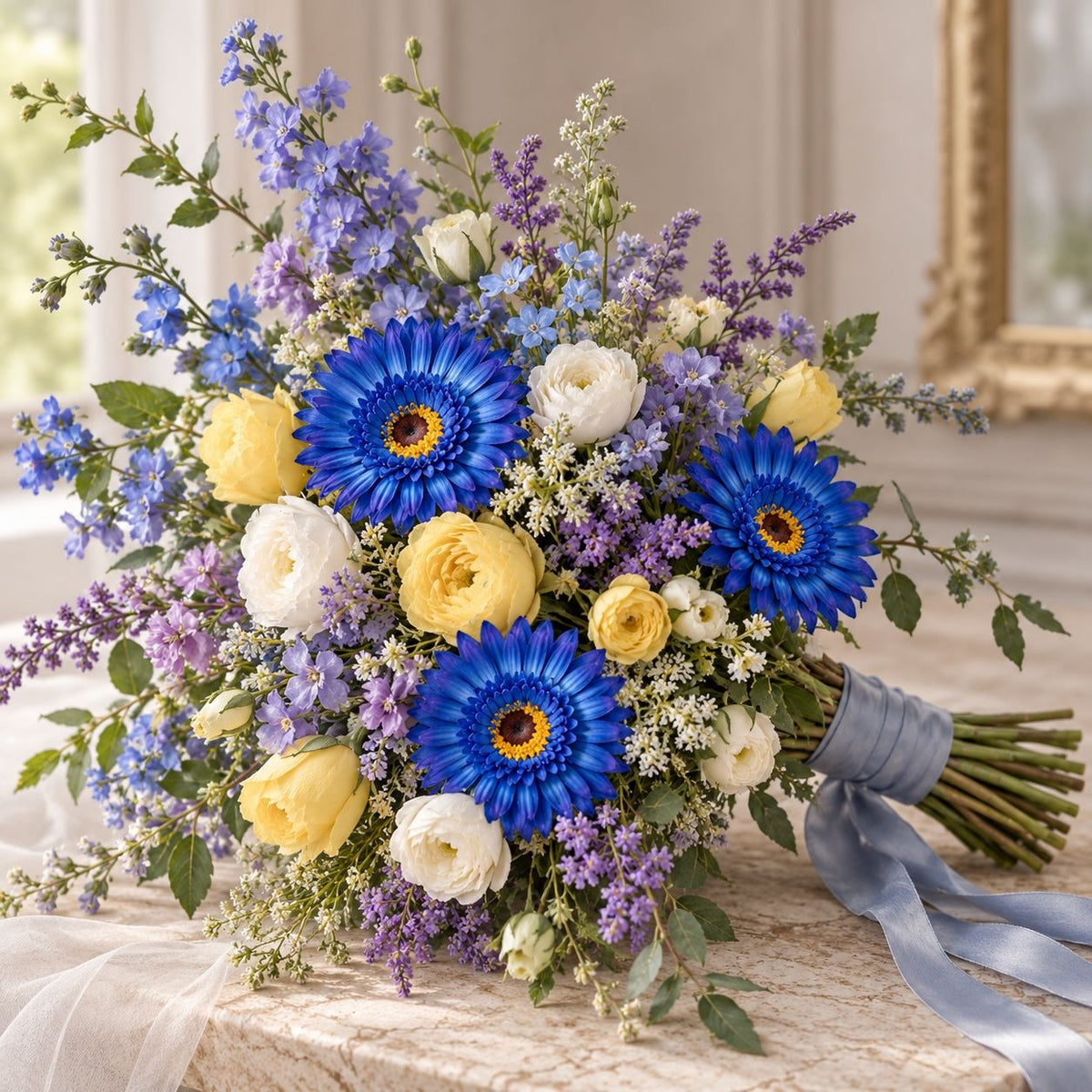 5 Cobalt Blue Artificial Gerbera Daisy Heads, 4 Inch, with Separate Stems
