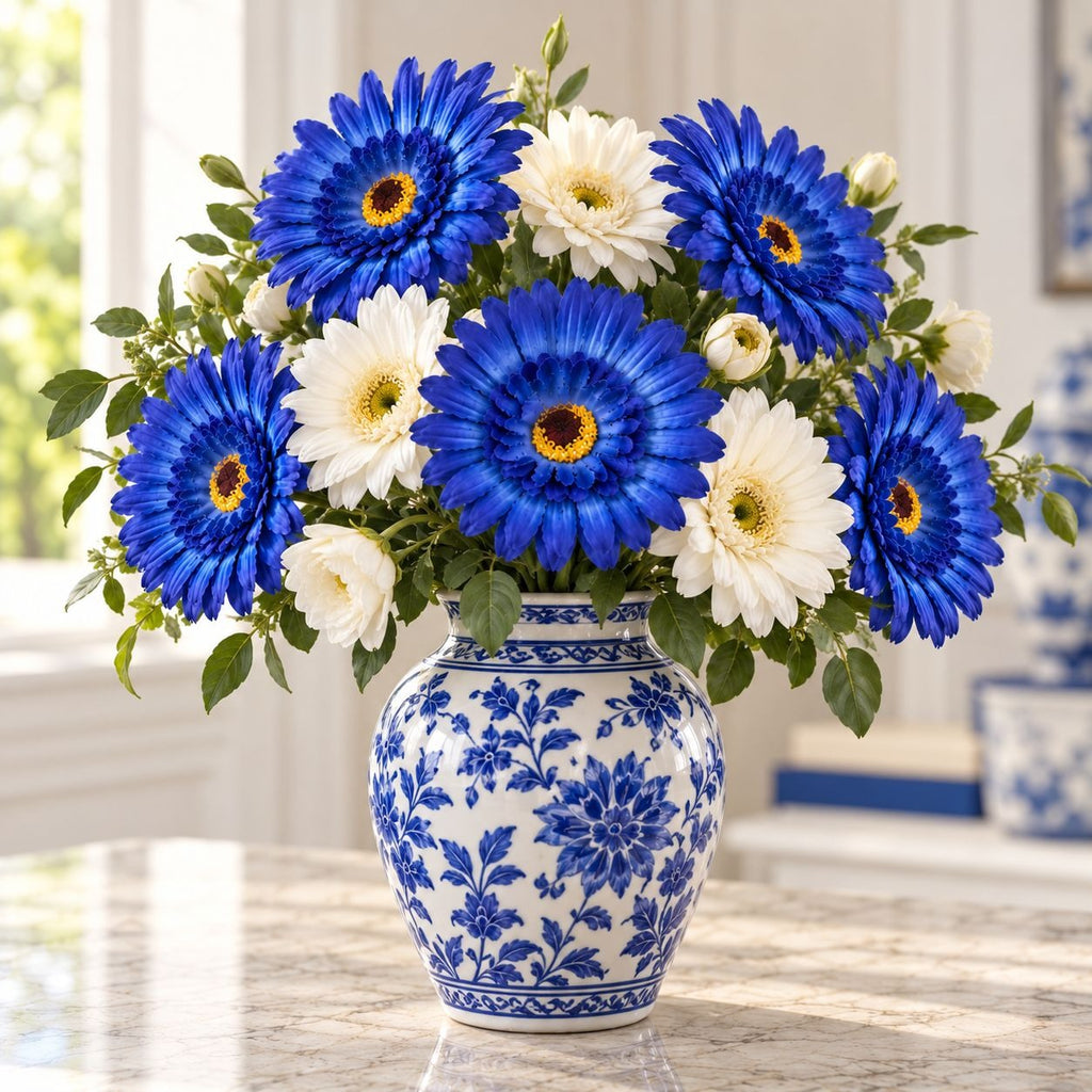 5 Cobalt Blue Artificial Gerbera Daisy Heads, 4 Inch, with Separate Stems