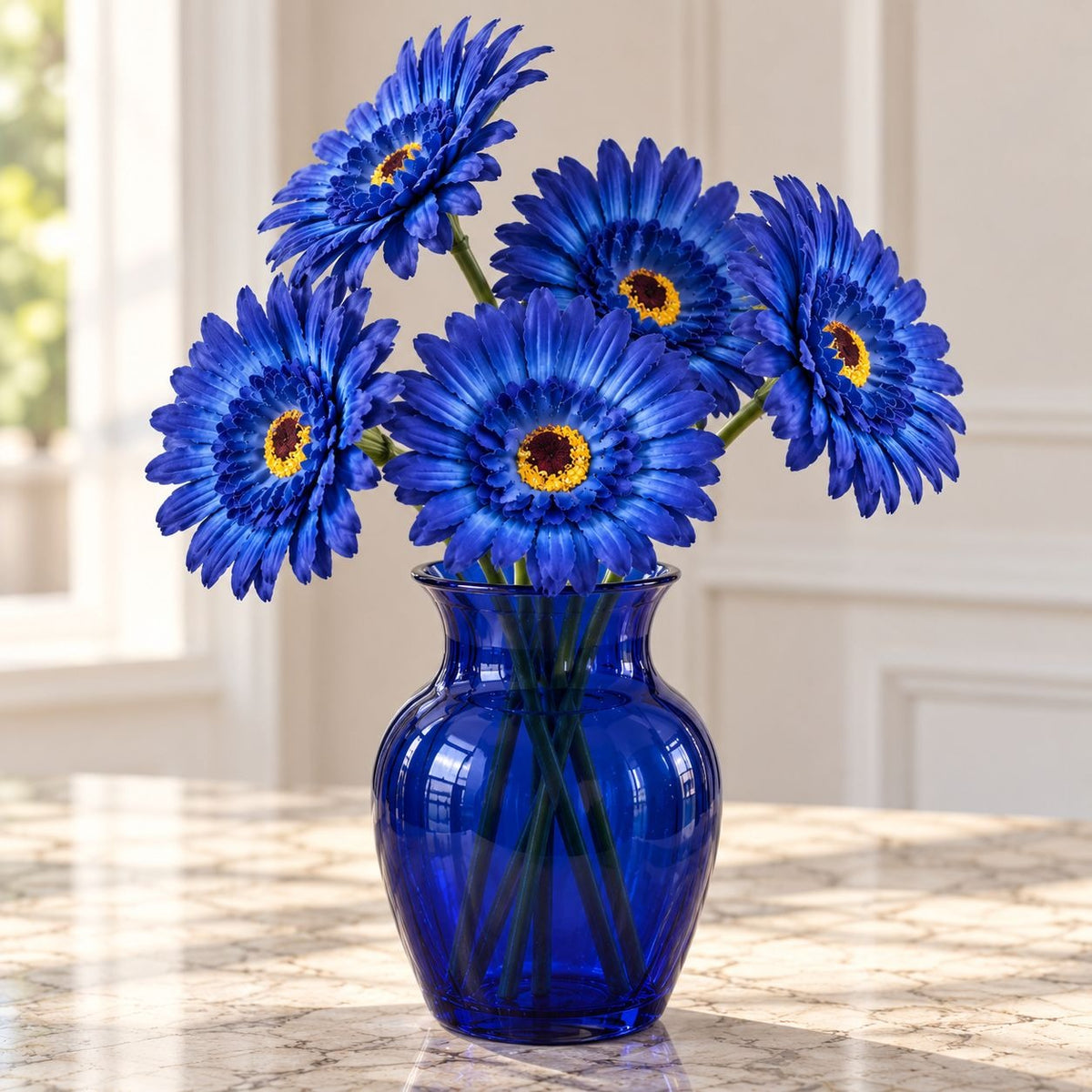 5 Cobalt Blue Artificial Gerbera Daisy Heads, 4 Inch, with Separate Stems