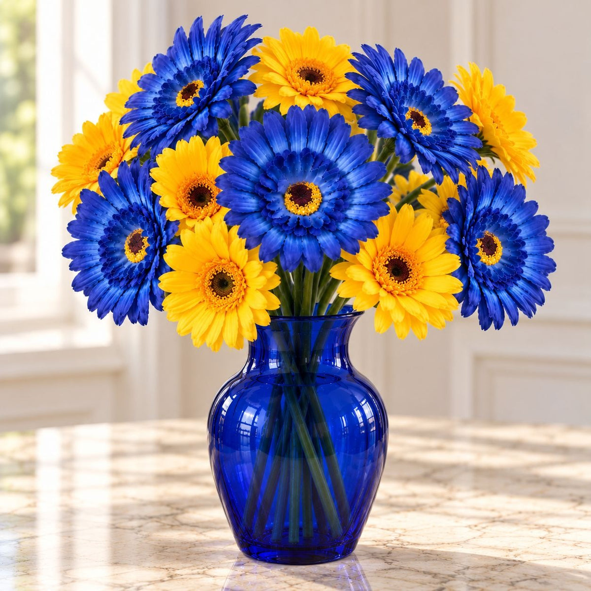 5 Cobalt Blue Artificial Gerbera Daisy Heads, 4 Inch, with Separate Stems