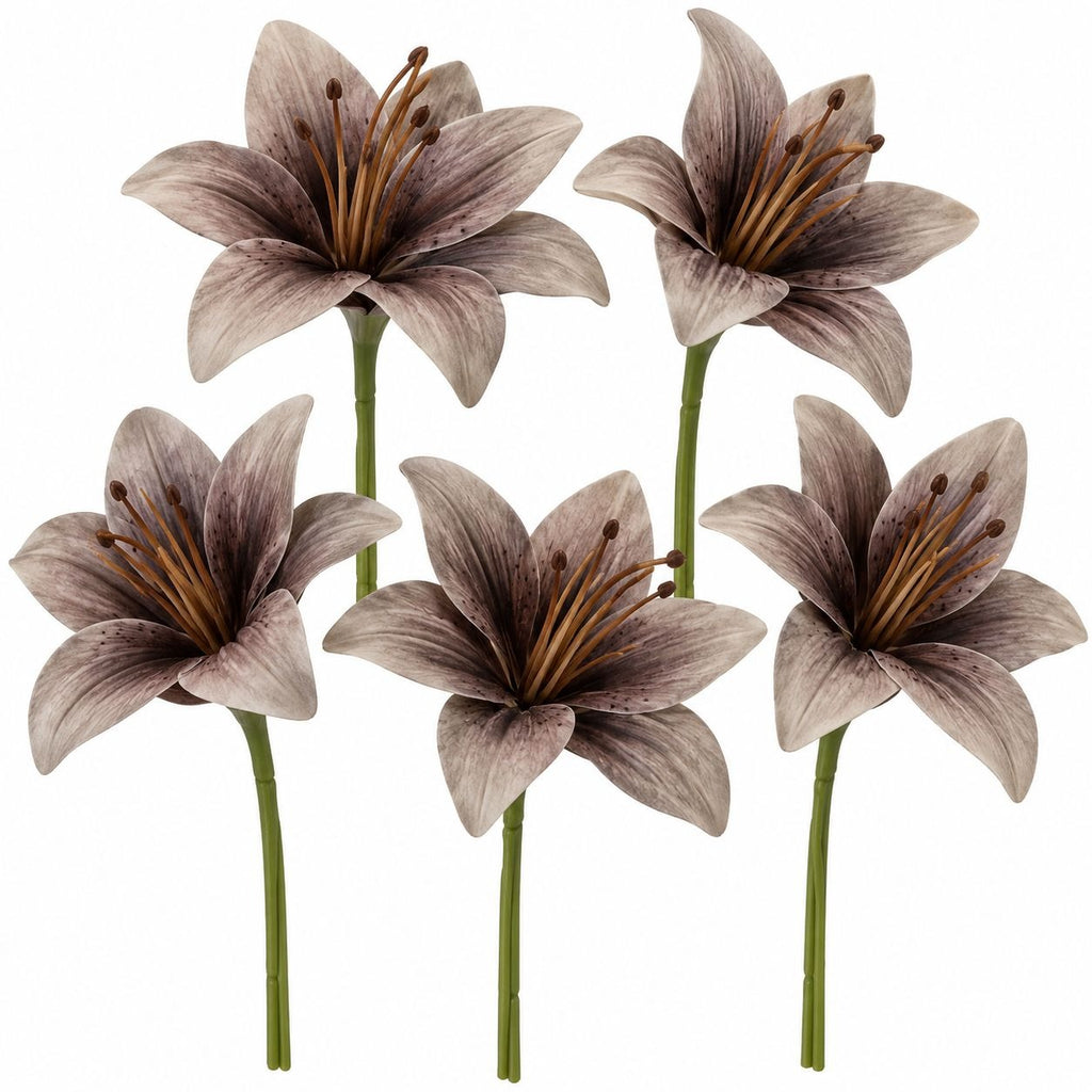 Five artificial lily of the valley flowers with muted grayish-purple petals and green stems, arranged against a plain white background.