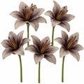 Five artificial lily of the valley flowers with muted grayish-purple petals and green stems, arranged against a plain white background.