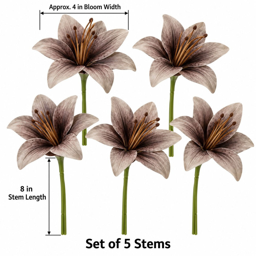 5 Taupe Gray Artificial Silk Lily Stems, Smoky Mushroom 4 Inch Faux Blooms