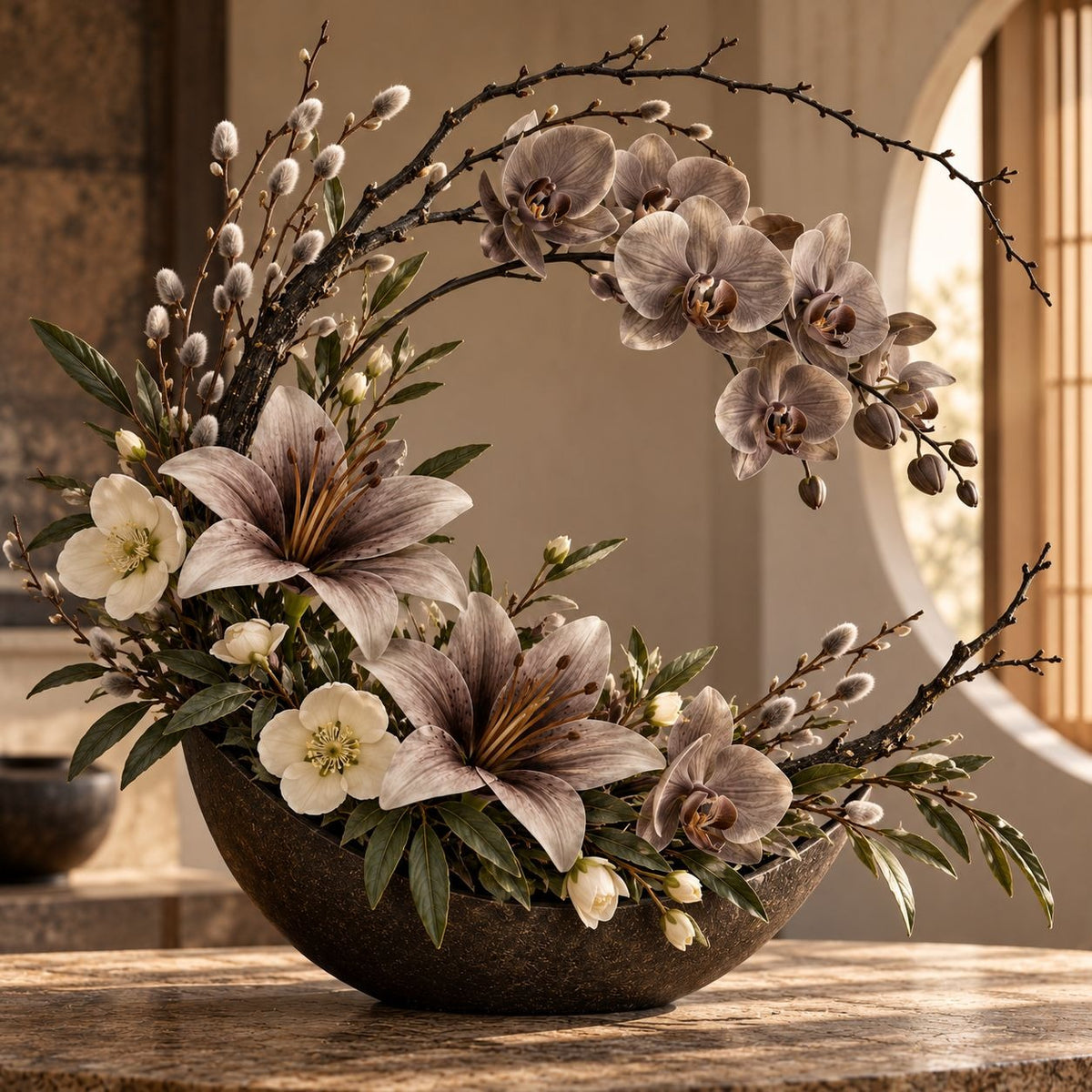 5 Taupe Gray Artificial Silk Lily Stems, Smoky Mushroom 4 Inch Faux Blooms