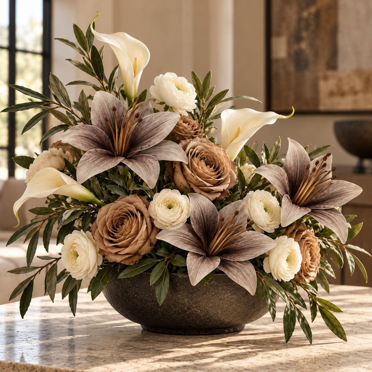 5 Taupe Gray Artificial Silk Lily Stems, Smoky Mushroom 4 Inch Faux Blooms