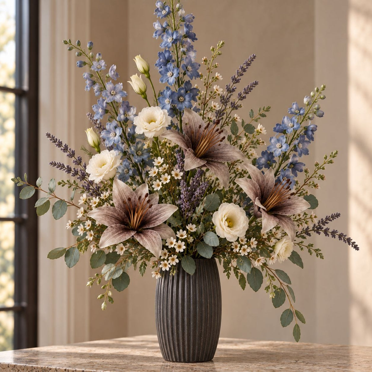 5 Taupe Gray Artificial Silk Lily Stems, Smoky Mushroom 4 Inch Faux Blooms