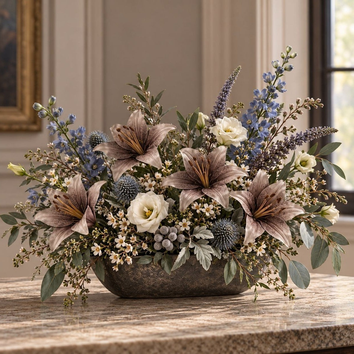 5 Taupe Gray Artificial Silk Lily Stems, Smoky Mushroom 4 Inch Faux Blooms