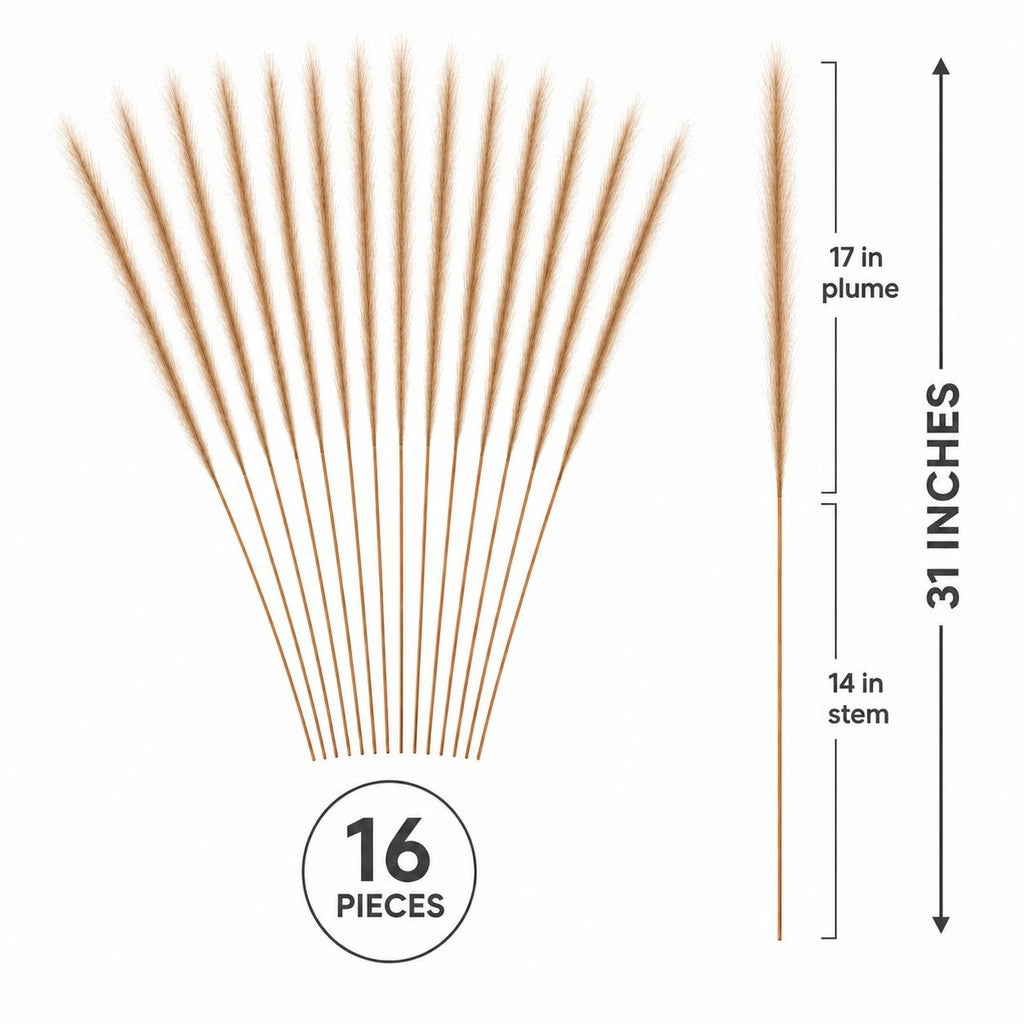 Taupe Tan Faux Feather Grass Stems, Set of 16, 31 Inch Wispy Artificial Pampas Plumes
