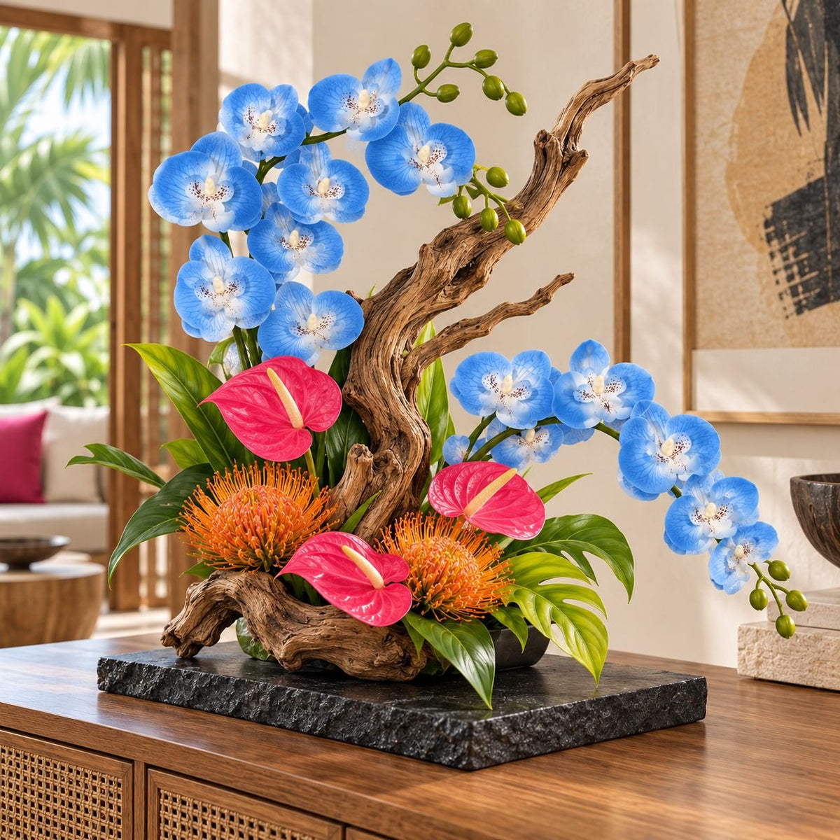 A tropical floral arrangement featuring vibrant blue orchids, pink anthuriums, orange protea-like flowers, and green leaves on a piece of driftwood, displayed on a dark stone base atop a wooden console table in a warm, modern interior setting.