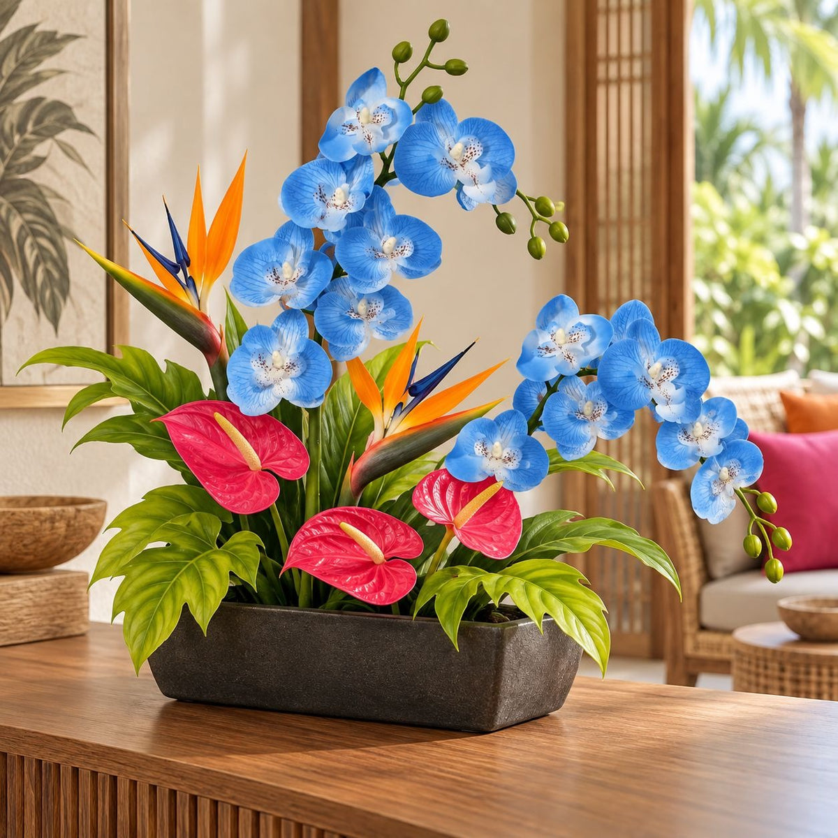 Blue Phalaenopsis Orchid Stem, 28-Inch Artificial Silk Tropical Flower