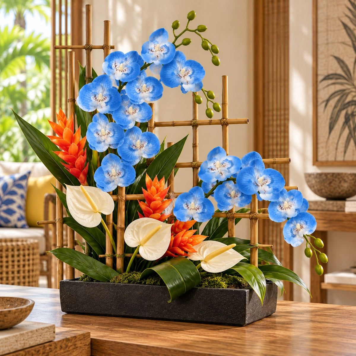 Blue Phalaenopsis Orchid Stem, 28-Inch Artificial Silk Tropical Flower