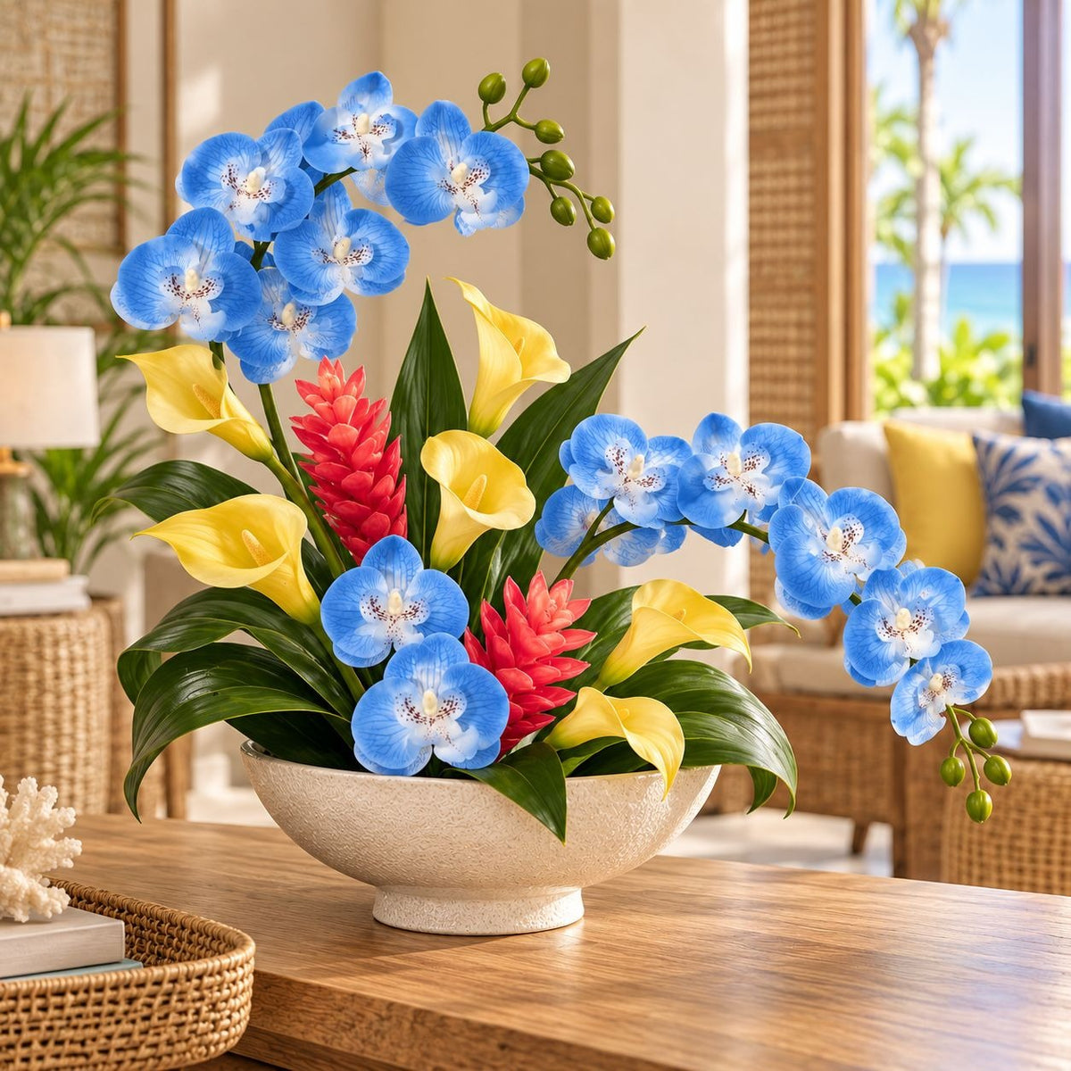 Blue Phalaenopsis Orchid Stem, 28-Inch Artificial Silk Tropical Flower