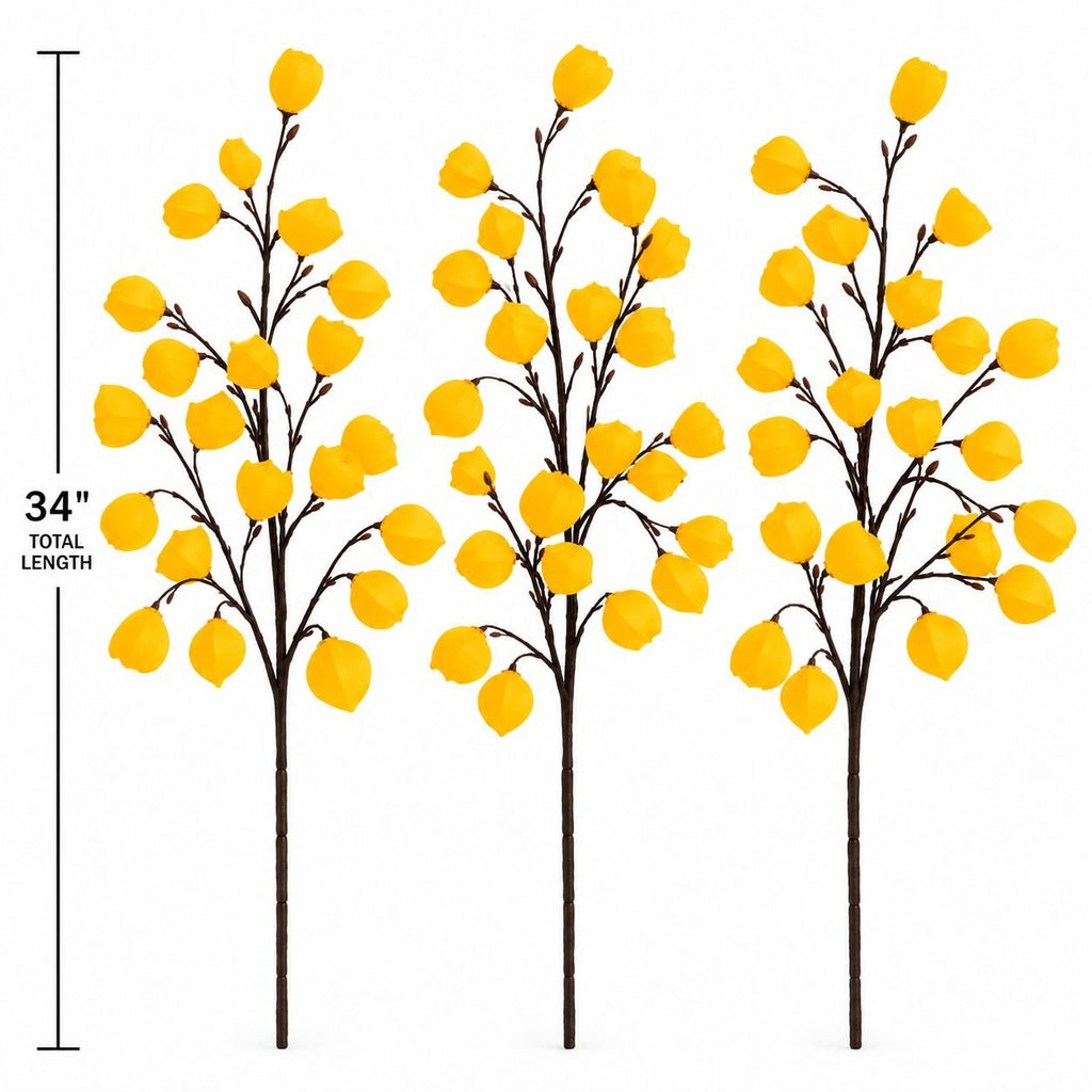 Three artificial flowering tree branches with bright yellow blossoms and dark brown stems, shown on a white background with a vertical height marker reading 34 inches total length.