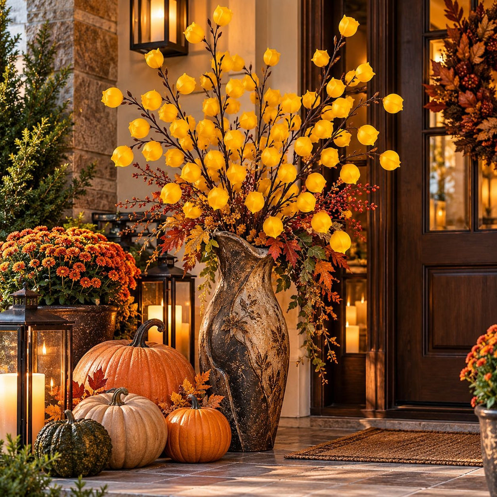 A large rustic ceramic vase filled with bright yellow artificial flowers stands on a front porch beside pumpkins, lanterns, orange mums, and a dark wooden door.
