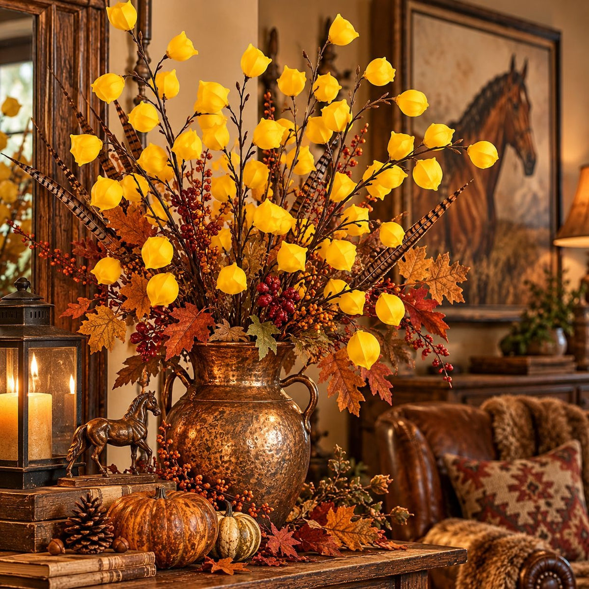 A large copper-toned ceramic vase filled with an autumn floral arrangement featuring bright yellow bell-shaped flowers, orange and red leaves, and small berry accents, styled on a wooden table in a warm living room with candles, pumpkins, and a horse painting in the background.